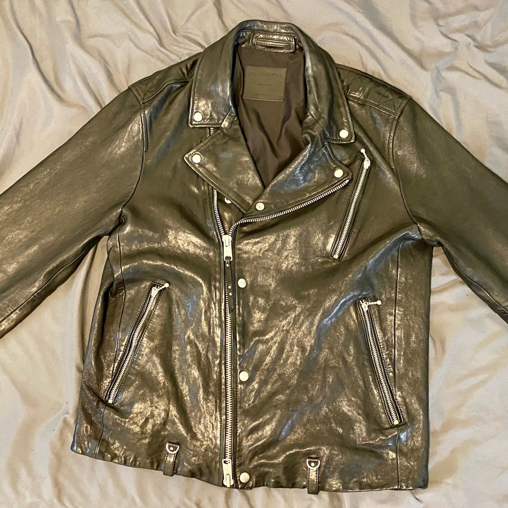 Men's Black AllSaints Leather “Cane” Biker Jacket -Medium (lambskin)